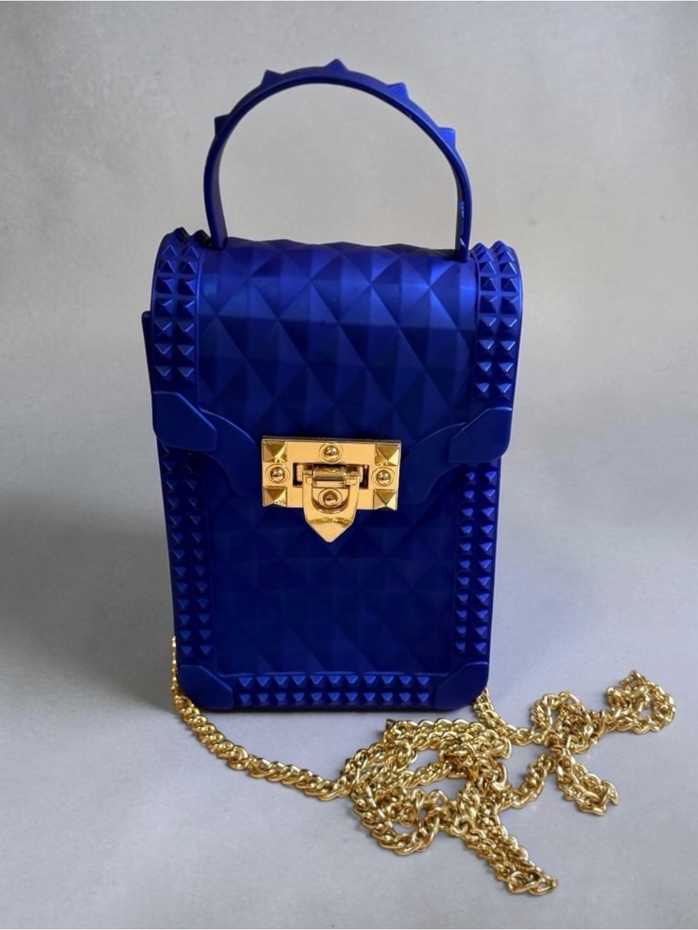 Royal Blue Jelly Crossbody Phone Bag Studded Gold Chain Mini Purse